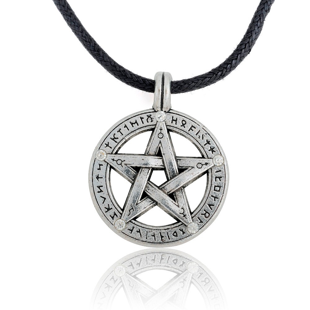 Antique-Pentagram-with-Runes-Pagan-Wiccan-Pentacle-Pendant-on-Leather-Necklace