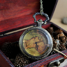 2015 Hot Sale Vintage Antique Style Quartz Pocket Watch Flower Back Map Shape Pocket Watch Saat