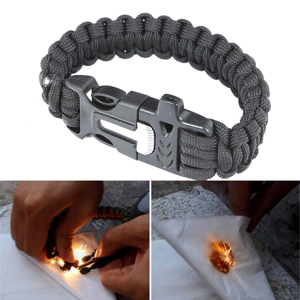 Survival Bracelet Outdoor Paracord Flint Fire Starter Scraper Whistle Gear Kits
