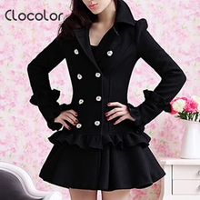 Clocolor Women Black Overcoat Korean Solid Color Falbala Pleated Double-Breasted Long Sleeve Slim Coats