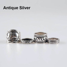 4PCS New Vintage Punk Ring Set Unique Carved Antique Silver Elephant Totem Leaf Lucky Rings for