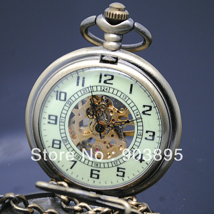 Vingtage SWITZERLAND Bronze Copper Tone hand wind skeleton Mechanical Fob Pocket Watch Mens Pendant Watch Chain