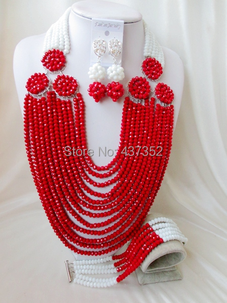 New Arrived! white opaque red costume nigerian wedding african beads jewelry sets crystal beads necklaces NC2205