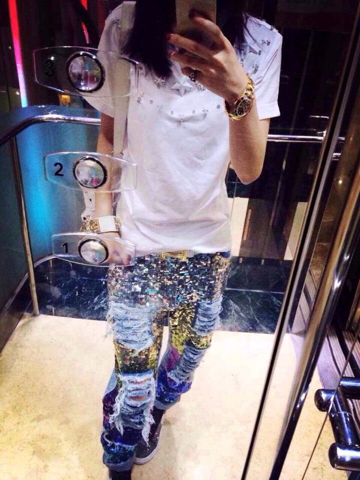 Фотография AQ200 Strongly Individualizes Broken Holes Jeans Trendsetter Handmade Sequined Pencil Pants High Waist Jeans