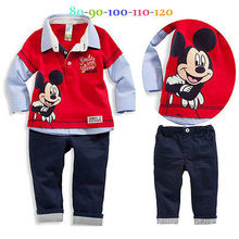 New 2pcs Baby Kids Boy Infant Long Sleeve Minnie Cartoon Mouse Turn-down Collar Polo T-shirt Top+ Pants Outfit set Clothes 2-7Y