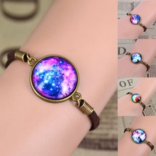 Cheap-fine Lovely Color galaxy, nebula, space, Bronze Tone Alloy pendant suede leather Bracelet Bangle Friendship Couple Gift