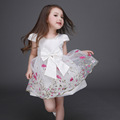 Fashion 2016 Bow Summer High Quality Tutu Floral Print Girls Dresses Embroidery Vestidos Mesh Flower Kids