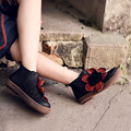 Artmu Red Flower In The Boots Women Cowhide Comfortable Boots Casual Black Boots Single Women Shoes