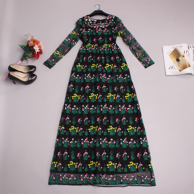 Luxury Dress 2015 Fashion Autumn Brand Full Sleeve Elegant Floral Embroidery Mesh Slim Floor-Length Black Maxi Dress