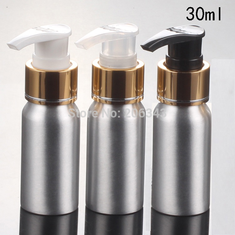 100pcs 30ml Aluminium bottle metal bottle with transparent /white/black press pump gold collar