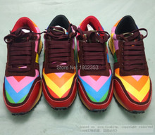 Valentine 2015 New Fashion Sneakers For Women Lace Up Rainbow Multicolor Studded Fashion Sneakers Brand Genuine