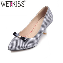 Big Size 34-43 Popular Med Heels Tartan Pumps Sweet Bowtie Pointed Toe Shoes Woman Spring Autumn Casual All Match Daily Pumps