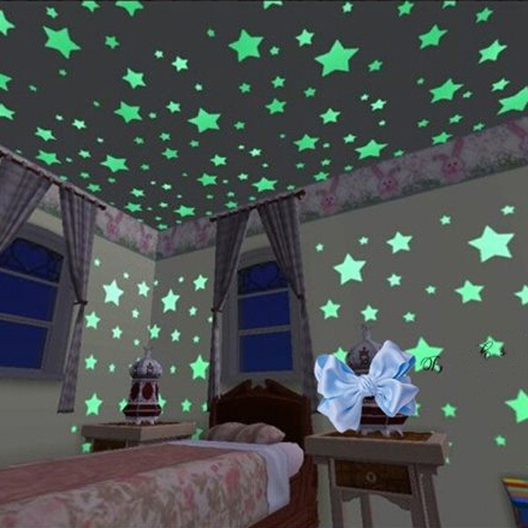 100pcs Set Kids Bedroom Beautiful Fluorescent Glow In The Dark Stars Wall Stickers Art Stickers 3D