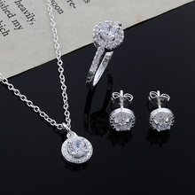 New Christmas reward noble silver development elegant women fundamental shiny crystal CZ necklace earring ring plated jewelry Set