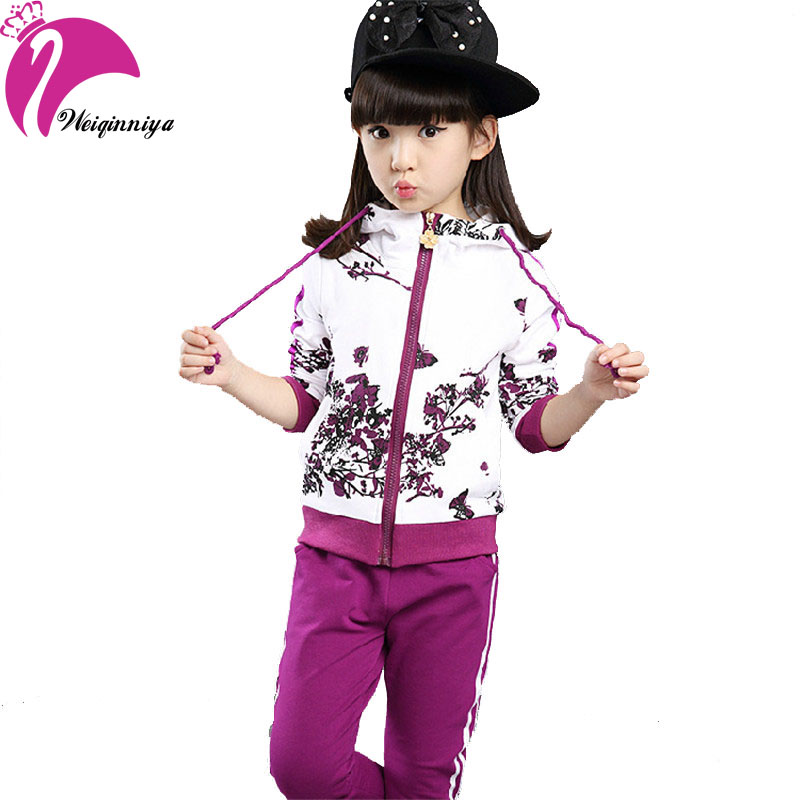 New Brand 2016 Baby Girls Sets Cotton Spring Autumn Fashion Foral Print Sports 2 Pieces Long