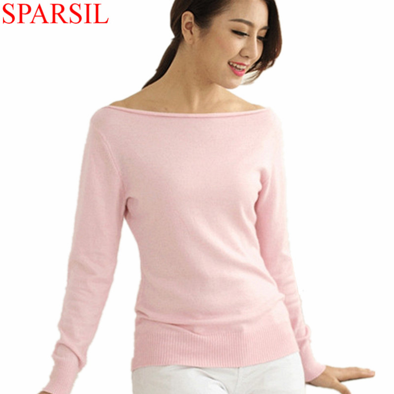 Sparsil Women Winter Cashmere Blend Sweater Knitted Sweaters Long Sleeve Pullovers Female Slash Neck Sweater High