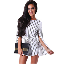 2016 New Women’s Fashion Split Ends Long Sleeve Classic Round Neck Wild Conjoined Women’s Shorts Striped Prints Jumpsuit
