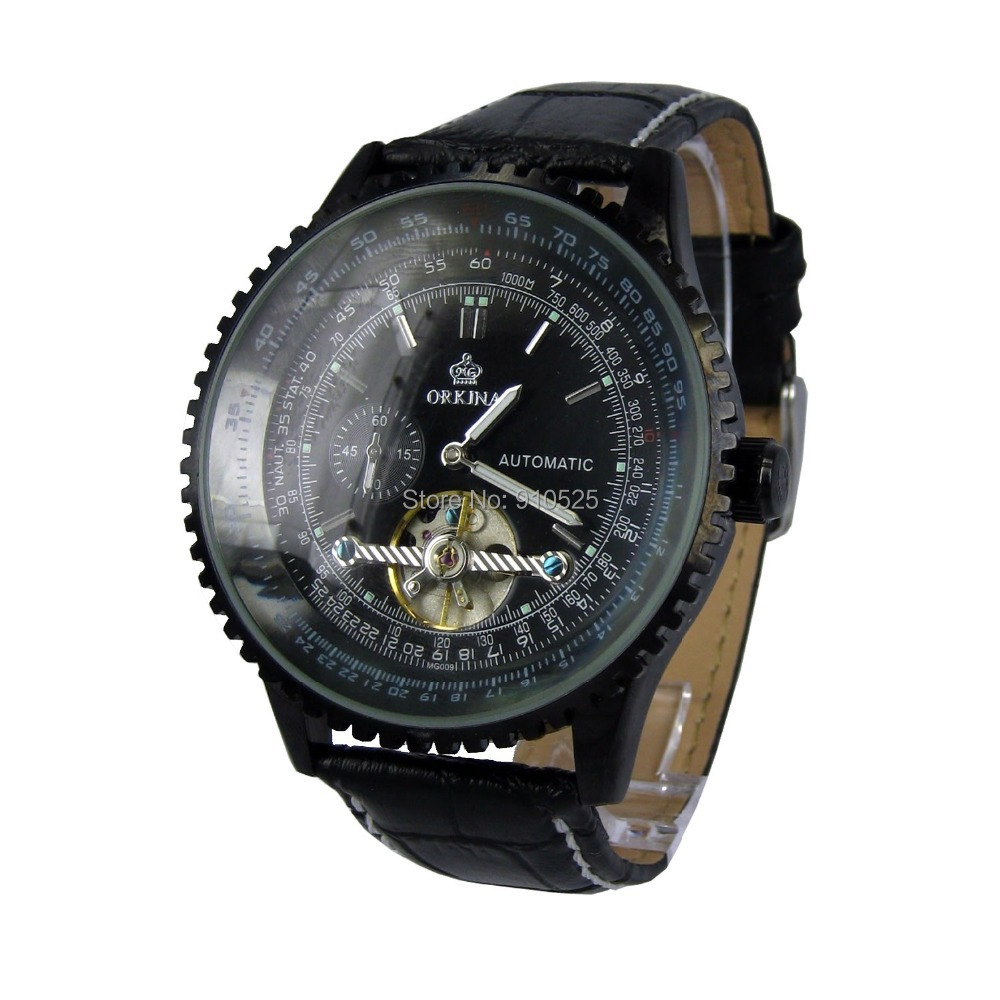 Orkina Transparent Chronograph Style Dial Mechanical Black Color Leather Strap Wrist Watch | ORK0235