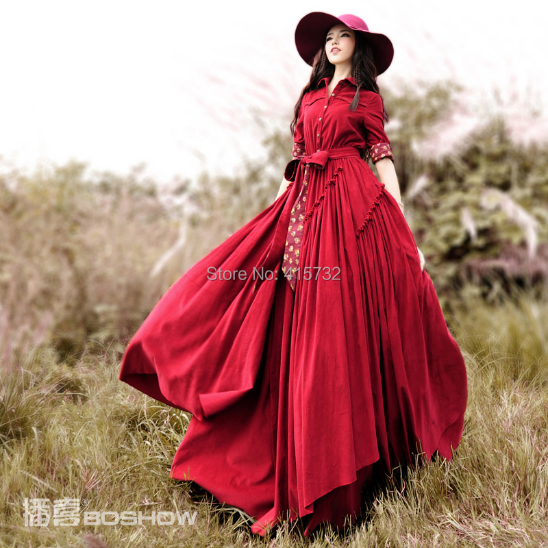Free Shipping 2015 New Fashion Corduroy Long-sleeve Trench Dresses For Women Floor Length Irregular Bohemian Dress With Belt