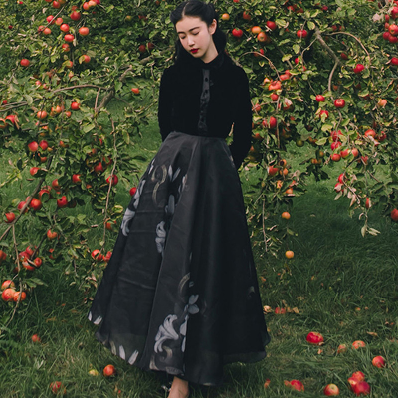 PITEER Spring Autumn Women Nostalgic Vintage&Retro Elegant Long Sleeve Flower Print Velvet Organza Patchwork Black Long Dress