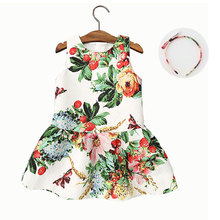 2016 New 2-10T summer girls dresses fashion european style strawberries green floral kids dress with a gift headband