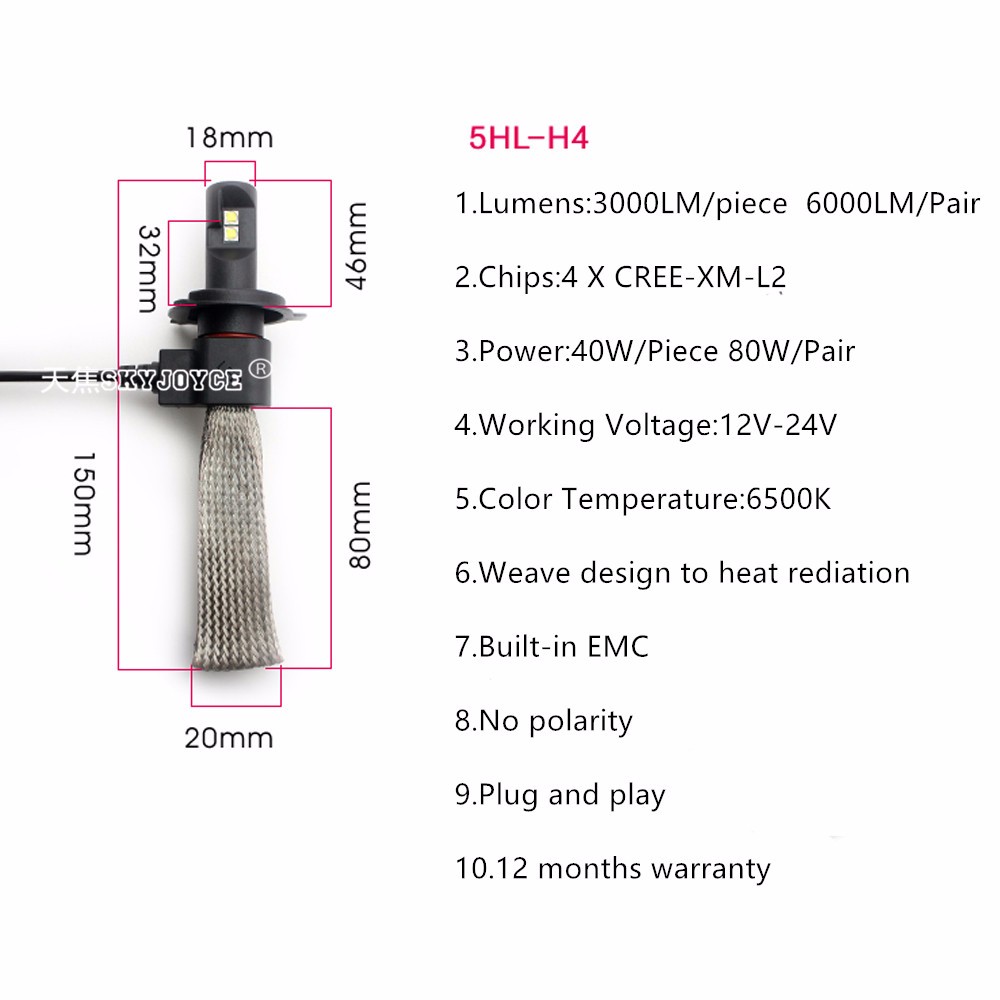 1 set 80W 6000LM CREE LED H4 H4-3 HB2 9003 xenon white h4 led headlight adapter car styling led skoda cnlight hid replacement (18)