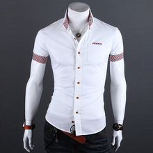 2015 Summer Mens Plaid Patchwork Social Shirt Clothes Men Casual Slim Fit Short Sleeve Shirts Camisa Masculina 13M0194