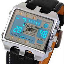 Moda Vintage hombres rectángulo caja de acero inoxidable Sport negro PU banda de cuero Digital de pulsera de cuarzo