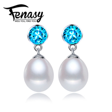 FENASY 100% Genuine Natural Pearl stud earrings, Pearl Jewelry 925 Sterling Silver earrings,Stud earrings for women Blue Gem