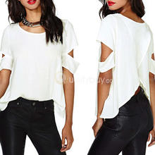 2016 New Women Summer White Chiffon Short Cutout Sleeve Round Neck Shirt Blouse Tops S M L XL