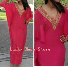 Vestido Longo Moroccan Kaftan Evening Dresses With Sleeves Gold Beaded Mermaid V Neck Chiffon Caftan Dubai Lady Party Gowns 2016