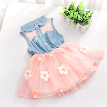 Fashion Baby Kids Girls Denim Dress Sleeveless Shirt Tulle Princess Tutu Dresses