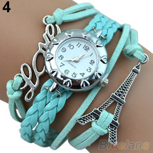Mujeres de belleza torre Eiffel palabra amor trenzado de cuero de imitación reloj de la pulsera