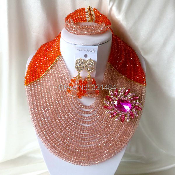 Fashion luxury Nigerian African Wedding Beads Jewelry Set 15 layers Orange Peach Crystal Necklaces Bracelet Earrings CRB-1080