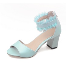 New 2016 Fashion summer open toe square high heels sandals Lace bow buckle sexy wedding shoes