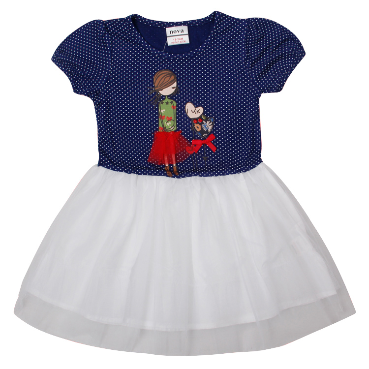 2015 Nova kids new design wear little girl pattern red bow polka dot white hemline short sleeves navy baby girls dress Wholesale