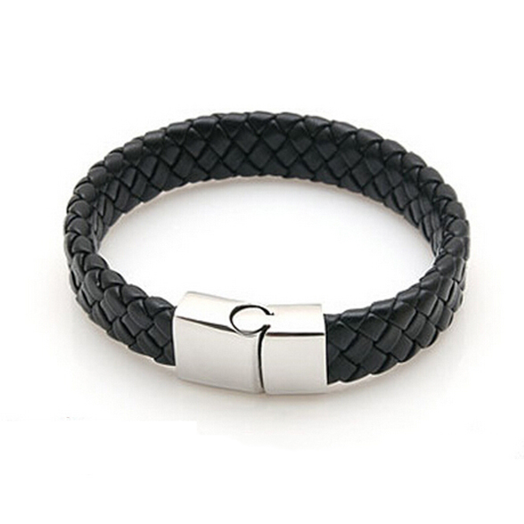New Fashion Jewelry Black Braided Leather Bracelet Men Stainless Steel Bracelets Bangles De Couro Pulseiras Masculinos