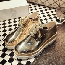 Spring Autumn EU US NEW Tide Star Women PU Leather Shoes Black Gold Sliver Bling Lace Up Rubber Trifle Bottom Casual Flat Shoes