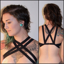 New arrived sexy women elastic body harness bra handmade Custom Neck Cross Black lingerie Open Fame cage Bra Harness retail