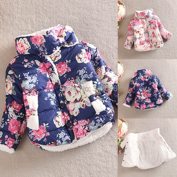 Warm Princess Girls Floral Thick Outerwear Long Sleeve Jacket Cotton Coat