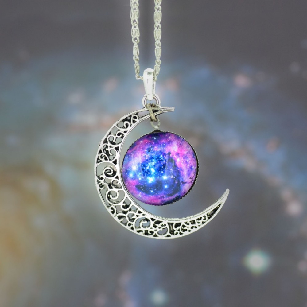 Collier Women Fashion 2015 Bijoux Necklace Jewelry Nebula Space Skyrim Glass With Piercing Moon Pendant Chain