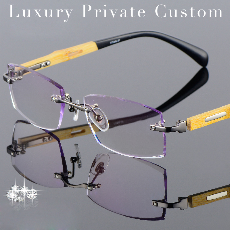 Gold Wood Glasses Frame Titanium Eyeglasses Rimless Men Prescription Eye Glasses Ti Myopic Progressive Lens Photochromic Gray