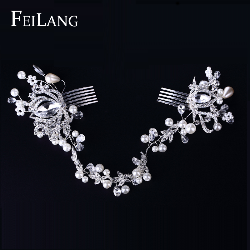 FEILANG Romantic Flower Leaves Bridal Hairwear Accessories Wedding Jewelry Pearl Crystal Handmade Bridal Hair Comb FSHP006