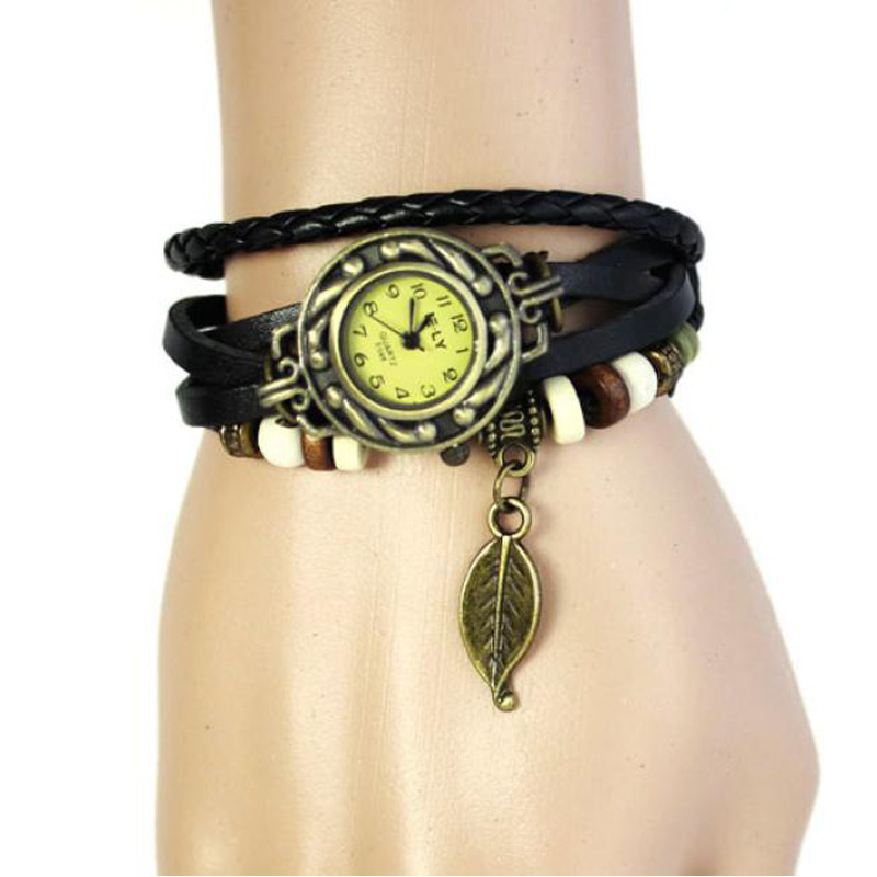 2016 New Fashion women wristwatches With Weave Wrap quartz watch PU Leather Leaf Beads Wrist watches