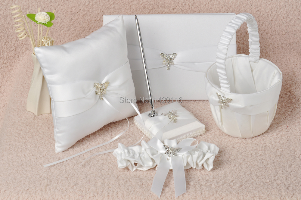 5Pcs/Set  White Butterfly Wedding Guest Book Ring Pillow Pen Set Flower Basket Garter GB22