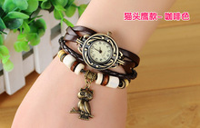 Envío libre – 2015 nueva Vintage cuarzo mujeres se visten Watchs colgante carpintero de cuero sintético reloj