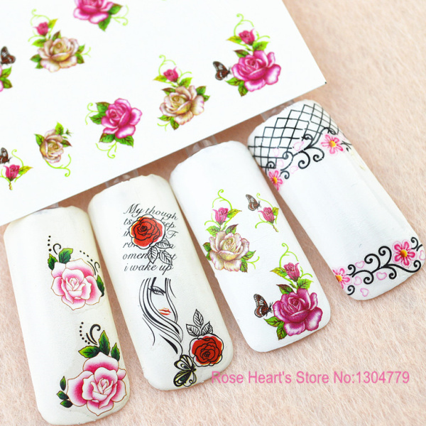 5 pcs New Japan Styles Watermark Beauty Flower with Bow Decals Nail Art Stickers DIY Manicure