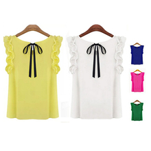 Talla grande para mujer blusas 2014 nuevo verano mujer blusa o-cuello de hoja de loto camisa Casual mujer ropas cordón arco camisa de chifon