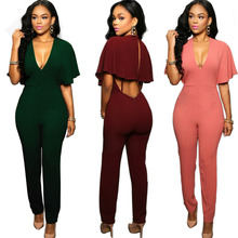 family matching outfits Siamese trousers High-grade summer jumpsuits V-neck zipper Casual Siamese pants Split Women XXXL