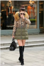 free Shipping In the new winter long down cotton padded female leopard splicing slim big fur collar jacket